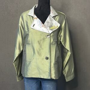NWT Kai Mira 100% Silk Jacket Sage Green Iridescent Butterfly Lining Size Small